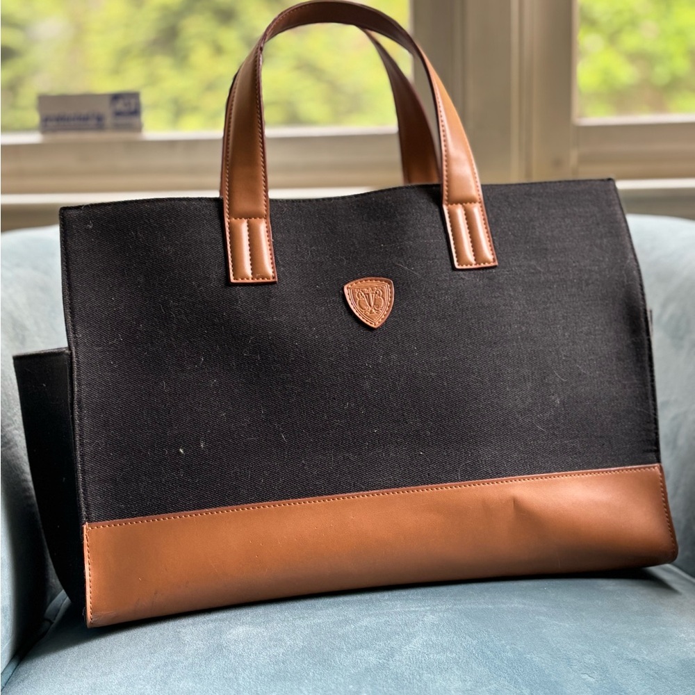 Black and Brown Leather Briefcase with Structured Handles